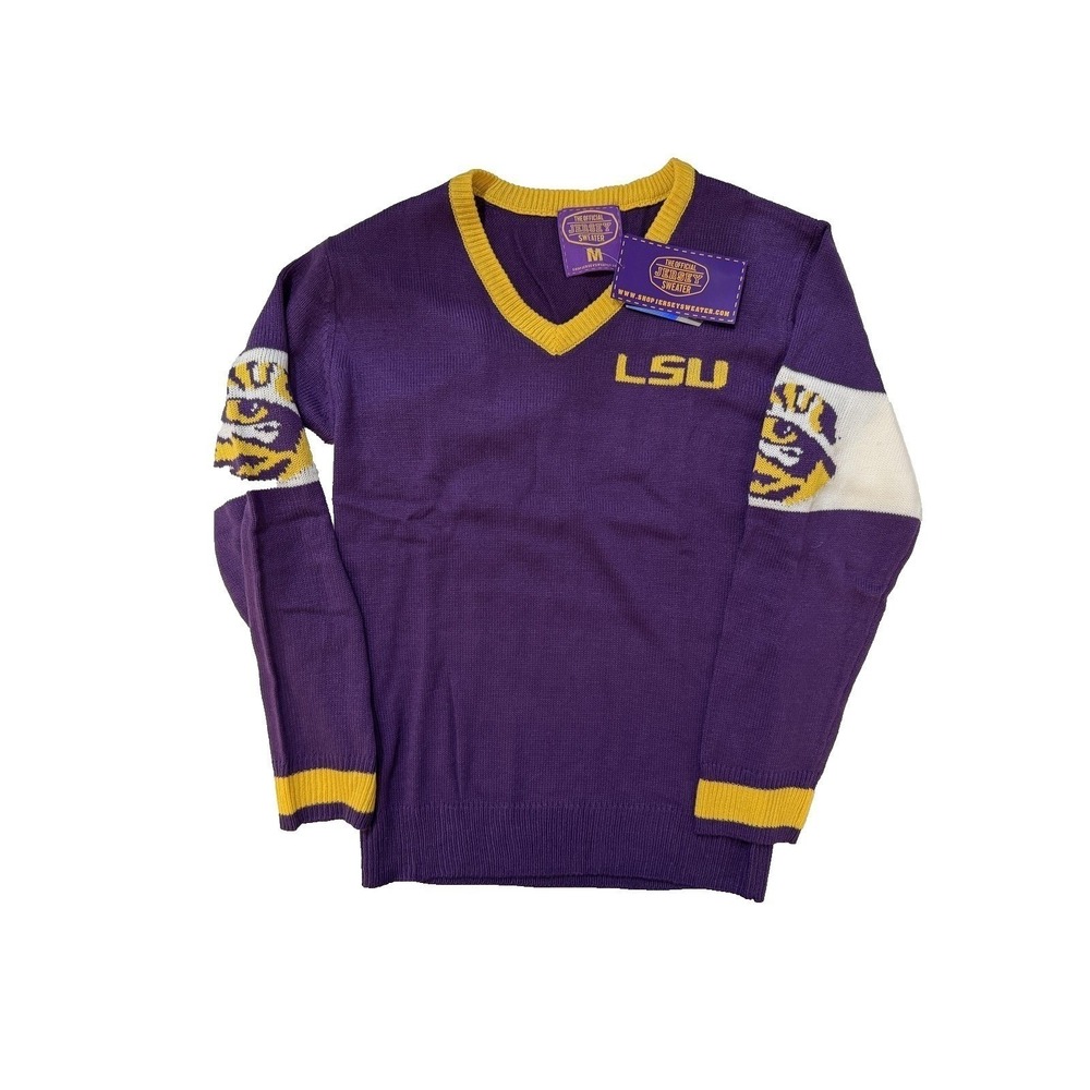 LSU Tigers Sweater Mens MED Purple NCAA Football VNeck Knit Jersey Sweater‎ NWT